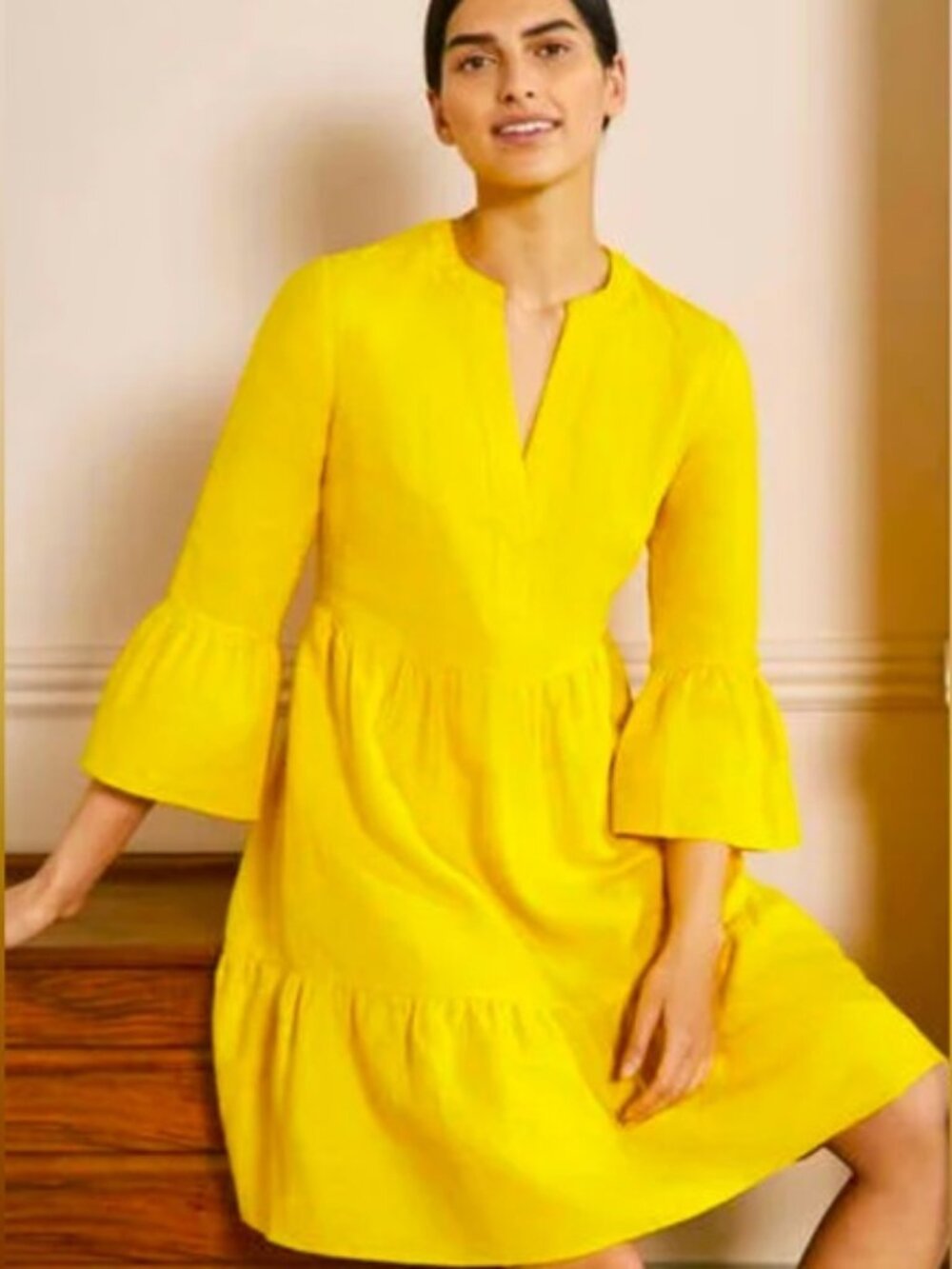 Boden Relaxed Linen Tiered Dress, yellow, size 8R